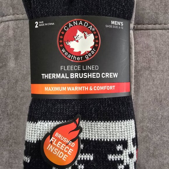 NWT Canada Weather Gear Men's Thermal Brushed Crew Socks Size 6-12, 2-Pairs - Picture 2 of 5